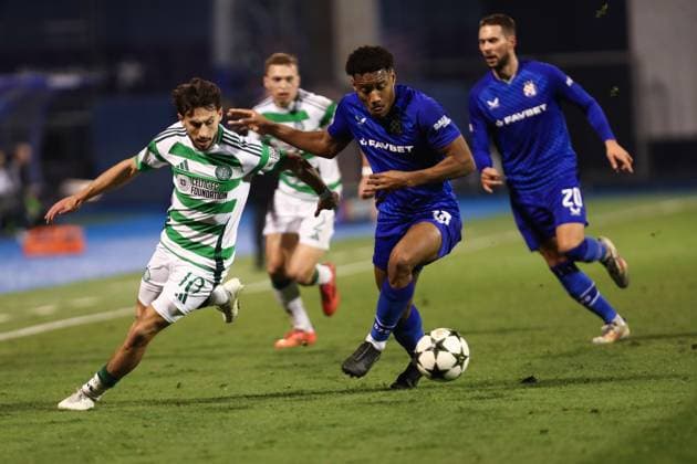 Zagreb, 10.12.2024. - Maksimir Stadium, UEFA CHAMPIONS LEAGUE - 2024 25, League phase, Matchday 6, GNK Dinamo - Celtic. Nicolas Kühn (10) and Ronael Pierre-Gabriel (18) and Marko Pjaca (20) 
