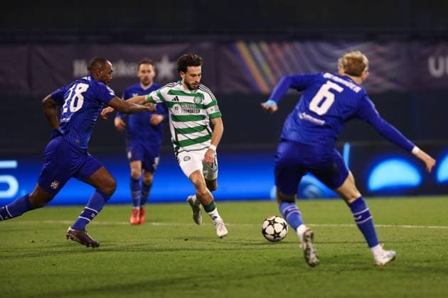 Zagreb, 10.12.2024. - Maksimir Stadium, UEFA CHAMPIONS LEAGUE - 2024 25, League phase, Matchday 6, GNK Dinamo - Celtic. Ronael Pierre-Gabriel (18) and Nicolas Kühn (10) 