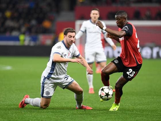 Carlos Augusto Inter Milan and Nordi Mukiele Bayer 04 Leverkusen in a duel during the UEFA Champions League 2024 25 League Phase MD6 match between Bayer 04 Leverkusen and Inter Milan, BayArena on December 10, 2024 in Leverkusen, Germany, Germany Photo by Ralf Treese DeFodi Images Carlos Augusto Inter Milan and Nordi Mukiele Bayer 04 Leverkusen in a duel during the UEFA Champions League 2024 25 League Phase MD6 match between Bayer 04 Leverkusen and FC Internazionale Milano at BayArena on December 10, 2024 in Leverkusen, Germany Defodi 521 LEVINT20241210 045 Defodi-521