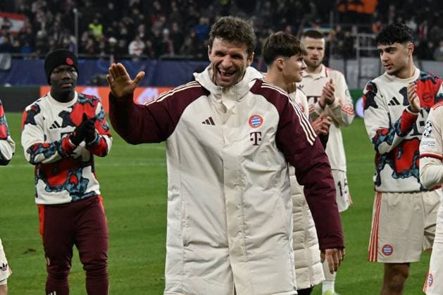 10 12 2024, xsltx, Football UEFA Champions League, Shakhtar Donetsk FC Bayern Munich emspor, v l jubilation, joy about the victory at Bayern Konrad Laimer FC Bayern Muenchen Thomas Mueller FC Bayern Muenchen DFL DFB REGULATIONS PROHIBIT ANY USE OF PHOTOGRAPHS as IMAGE SEQUENCES and or QUASI VIDEO Gelsenkirchen