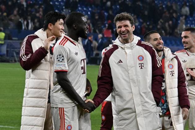 10 12 2024, xsltx, Football UEFA Champions League, Shakhtar Donetsk FC Bayern Munich emspor, v l jubilation, joy about the victory at Bayern Dayot Upamecano FC Bayern Muenchen Thomas Mueller FC Bayern Muenchen Daniel Peretz FC Bayern Muenchen DFL DFB REGULATIONS PROHIBIT ANY USE OF PHOTOGRAPHS as IMAGE SEQUENCES and or QUASI VIDEO Gelsenkirchen