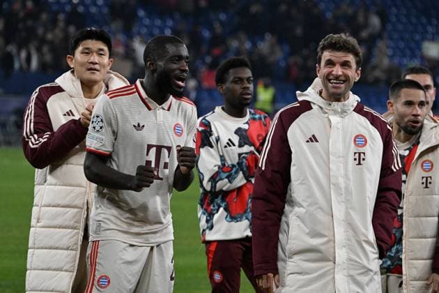 10 12 2024, xsltx, Football UEFA Champions League, Shakhtar Donetsk FC Bayern Munich emspor, v l jubilation, joy about the victory at Bayern Min jae Kim FC Bayern Muenchen Dayot Upamecano FC Bayern Muenchen Thomas Mueller FC Bayern Muenchen DFL DFB REGULATIONS PROHIBIT ANY USE OF PHOTOGRAPHS as IMAGE SEQUENCES and or QUASI VIDEO Gelsenkirchen