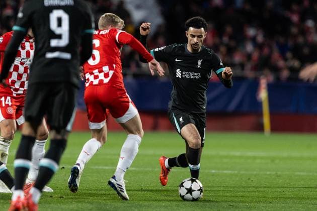 December 10, 2024, Barcelona, Barcelona, Spain: Curtis Jones R of Liverpool and Doony Van de Beek L of Girona seen in action during the match of matchday 2 to UEFA Champions League between Girona F.C and Liverpool F.C at Estadi Montilivi. Finals score; Girona F.C : Liverpool F.C Barcelona Spain - ZUMAs316 20241210_znp_s316_020 Copyright: xMartixSeguraxRamonedax