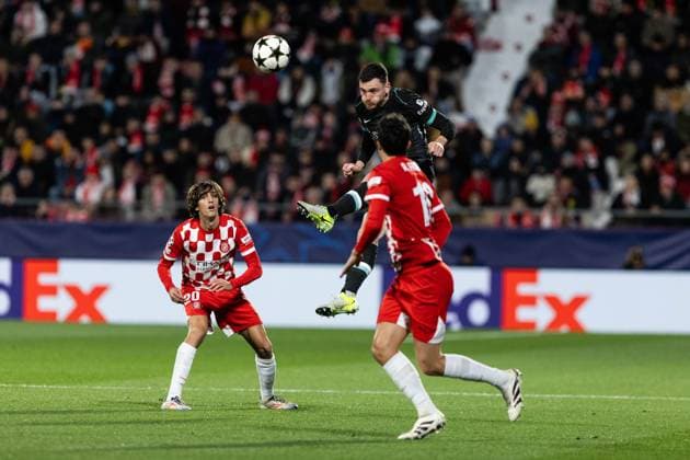 December 10, 2024, Barcelona, Barcelona, Spain: Bryan Gil L and Frances R of Girona and Robertson C of Liverpool seen in action during the match of matchday 2 to UEFA Champions League between Girona F.C and Liverpool F.C at Estadi Montilivi. Finals score; Girona F.C : Liverpool F.C Barcelona Spain - ZUMAs316 20241210_znp_s316_022 Copyright: xMartixSeguraxRamonedax