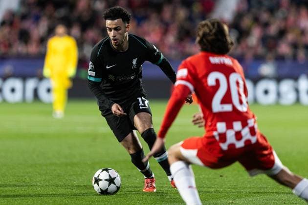 December 10, 2024, Barcelona, Barcelona, Spain: Curtis Jones L of Liverpool and Bryan Gil R of Girona seen in action during the match of matchday 2 to UEFA Champions League between Girona F.C and Liverpool F.C at Estadi Montilivi. Finals score; Girona F.C : Liverpool F.C Barcelona Spain - ZUMAs316 20241210_znp_s316_029 Copyright: xMartixSeguraxRamonedax