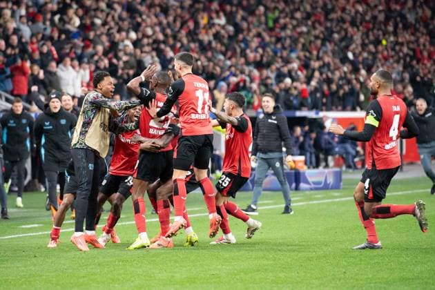 Nordi MUKIELE LEV cheers after his goal for 1 0, Jubeltraube, Jubel, jubeln, Freude, cheers, Fußball Champions League, 6 Spieltag, Bayer 04 Leverkusen LEV Inter Mailand Inter 1 0 am 10 12 2024 in Leverkusen Germany UEFA regulations prohibit any use of photographs as image sequences and or quasi video Â
