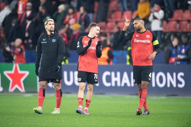 v l Robert ANDRICH LEV , Florian WIRTZ LEV , Jonathan TAH LEV Schlussjubel Leverkusen, Jubel, jubeln, Freude, cheers, Fußball Champions League, 6 Spieltag, Bayer 04 Leverkusen LEV Inter Mailand Inter 1 0 am 10 12 2024 in Leverkusen Germany UEFA regulations prohibit any use of photographs as image sequences and or quasi video Â