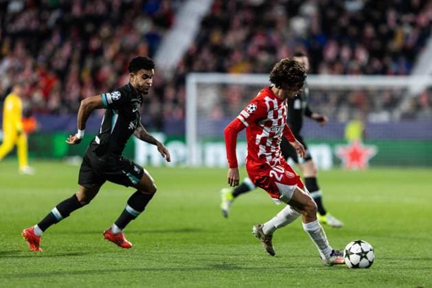 December 10, 2024, Barcelona, Barcelona, Spain: Luis Diaz L of Liverpool and Bryan Gil R of Girona seen in action during the match of matchday 2 to UEFA Champions League between Girona F.C and Liverpool F.C at Estadi Montilivi. Finals score; Girona F.C : Liverpool F.C Barcelona Spain - ZUMAs316 20241210_znp_s316_036 Copyright: xMartixSeguraxRamonedax