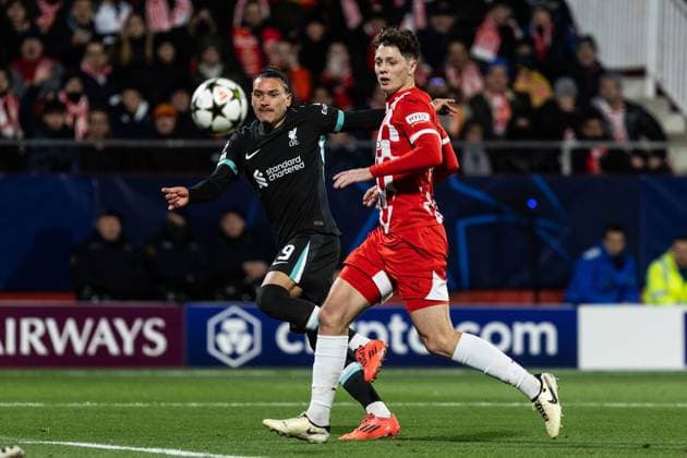 December 10, 2024, Barcelona, Barcelona, Spain: Darwin Nunez L of Liverpool and Ladislav Krejci R of Girona seen in action during the match of matchday 2 to UEFA Champions League between Girona F.C and Liverpool F.C at Estadi Montilivi. Finals score; Girona F.C : Liverpool F.C Barcelona Spain - ZUMAs316 20241210_znp_s316_037 Copyright: xMartixSeguraxRamonedax