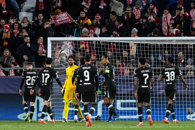 December 10, 2024, Barcelona, Barcelona, Spain: Alisson Becker and his teammates of Liverpool after making two saves in a row during the match of matchday 2 to UEFA Champions League between Girona F.C and Liverpool F.C at Estadi Montilivi. Finals score; Girona F.C : Liverpool F.C Barcelona Spain - ZUMAs316 20241210_znp_s316_042 Copyright: xMartixSeguraxRamonedax