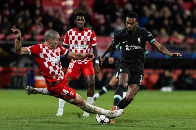 December 10, 2024, Barcelona, Barcelona, Spain: Oriol Romeu L of Girona and Gravenberch R of Liverpool seen in action during the match of matchday 2 to UEFA Champions League between Girona F.C and Liverpool F.C at Estadi Montilivi. Finals score; Girona F.C : Liverpool F.C Barcelona Spain - ZUMAs316 20241210_znp_s316_044 Copyright: xMartixSeguraxRamonedax