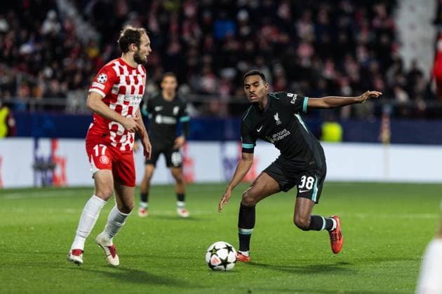 December 10, 2024, Barcelona, Barcelona, Spain: Daley Blind L of Girona and Gravenberch R of Liverpool seen in action during the match of matchday 2 to UEFA Champions League between Girona F.C and Liverpool F.C at Estadi Montilivi. Finals score; Girona F.C : Liverpool F.C Barcelona Spain - ZUMAs316 20241210_znp_s316_048 Copyright: xMartixSeguraxRamonedax