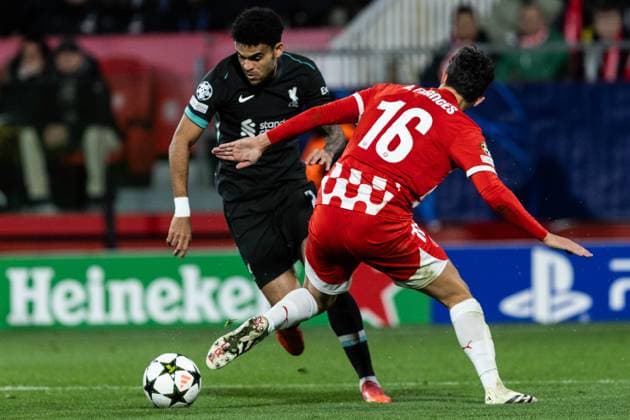 December 10, 2024, Barcelona, Barcelona, Spain: Frances R of Girona and Luis Diaz L of Liverpool seen in action during the match of matchday 2 to UEFA Champions League between Girona F.C and Liverpool F.C at Estadi Montilivi. Finals score; Girona F.C : Liverpool F.C Barcelona Spain - ZUMAs316 20241210_znp_s316_052 Copyright: xMartixSeguraxRamonedax
