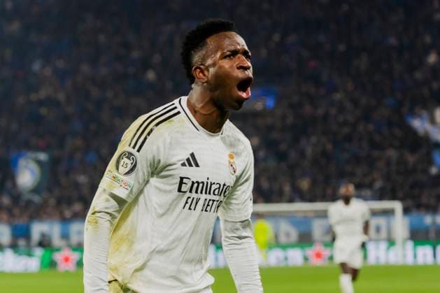 Atalanta BC V Real Madrid - UEFA Champions League 2024 25 Vinicius Junior celebrates the goal during the UEFA Champions League 2024 25 match between Atalanta BC and Real Madrid in Bergamo, Italy, on December 10, 2024, at Gewiss Stadium. Bergamo Italy  Copyright: xMairoxCinquettix originalFilename:cinquetti-atalanta241210_np6t0.jpg