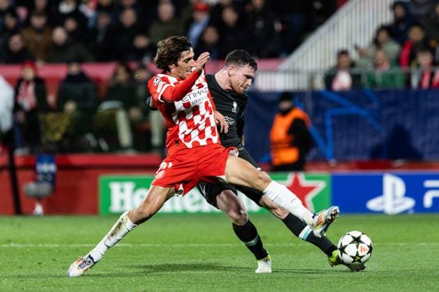 December 10, 2024, Barcelona, Barcelona, Spain: Bryan Gil L of Girona and Robertson R of Liverpool seen in action during the match of matchday 2 to UEFA Champions League between Girona F.C and Liverpool F.C at Estadi Montilivi. Finals score; Girona F.C : Liverpool F.C Barcelona Spain - ZUMAs316 20241210_znp_s316_059 Copyright: xMartixSeguraxRamonedax
