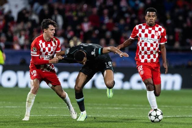 December 10, 2024, Barcelona, Barcelona, Spain: Frances L of Girona and Cody Gackpo R of Liverpool seen in action during the match of matchday 2 to UEFA Champions League between Girona F.C and Liverpool F.C at Estadi Montilivi. Finals score; Girona F.C : Liverpool F.C Barcelona Spain - ZUMAs316 20241210_znp_s316_083 Copyright: xMartixSeguraxRamonedax