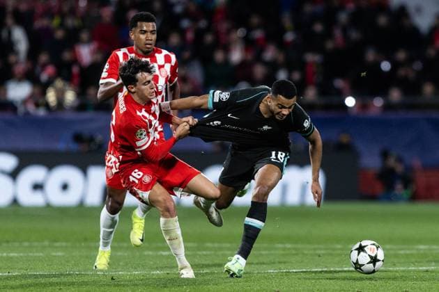 December 10, 2024, Barcelona, Barcelona, Spain: Frances L of Girona and Cody Gackpo R of Liverpool seen in action during the match of matchday 2 to UEFA Champions League between Girona F.C and Liverpool F.C at Estadi Montilivi. Finals score; Girona F.C : Liverpool F.C Barcelona Spain - ZUMAs316 20241210_znp_s316_084 Copyright: xMartixSeguraxRamonedax