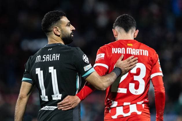 December 10, 2024, Barcelona, Barcelona, Spain: Mohamed Salah L of Liverpool and Ivan Martini R of Girona seen in action during the match of matchday 2 to UEFA Champions League between Girona F.C and Liverpool F.C at Estadi Montilivi. Finals score; Girona F.C : Liverpool F.C Barcelona Spain - ZUMAs316 20241210_znp_s316_094 Copyright: xMartixSeguraxRamonedax