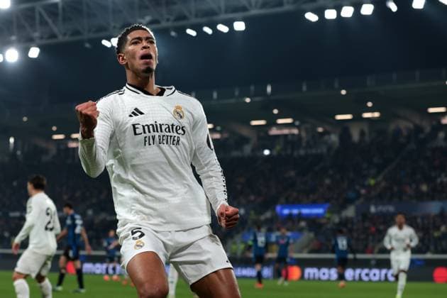 Bergamo, Italy, 10th December 2024. Jude Bellingham of Real Madrid celebrates after scoring to give the side a 3-1 lead during the UEFA Champions League match at Stadio di Bergamo, Bergamo. Picture credit should read: Jonathan Moscrop Sportimage EDITORIAL USE ONLY. No use with unauthorised audio, video, data, fixture lists, club league logos or live services. Online in-match use limited to 120 images, no video emulation. No use in betting, games or single club league player publications. SPI-3516-0045