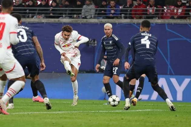 UEFA Champions League RB Leipzig vs Aston Villa FC, 10 12 24 Antonio Nusa 7, RB Leipzig with a shot towards goal Football, UEFA Champions League, Season 2024 2025 RB Leipzig vs Aston Villa FC on 10 12 24 at Red Bull Arena, Leipzig Copyright: xBEAUTIFULxSPORTS JanxKaeferx
