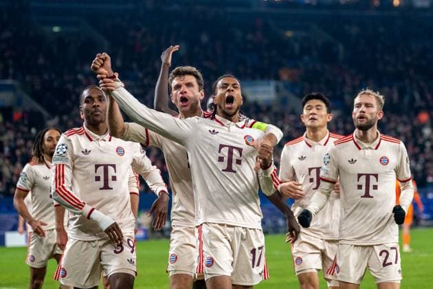 10 12 2024, Football UEFA Champions League, Season 2024 2025, Matchday 06, Shakhtar Donetsk FC Bayern Muenchen at the Veltins Arena in Gelsenkirchen Thomas Mueller FC Bayern Muenchen, 25 cheers with Michael Olise FC Bayern Muenchen, 17 about his goal Behind him Mathys Tel FC Bayern Muenchen, 39 , Konrad Laimer FC Bayern Muenchen, 27 and Minjae Kim FC Bayern Muenchen, 03 Photo Kirchner Media TH Copyright: xKirchner-Media THx