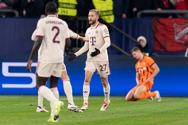 2024-12-10 FC Shakhtar Donetsk v FC Bayern Munchen - UEFA Champions League 2024 25 League Phase MD6 GELSENKIRCHEN, GERMANY - DECEMBER 10: Konrad Laimer of FC Bayern Munchen celebrates after scoring the team s first goal during the UEFA Champions League 2024 25 League Phase MD6 match between FC Shakhtar Donetsk and FC Bayern Munchen at Arena AufSchalke on December 10, 2024 in Gelsenkirchen, Germany. (Photo by Joris Verwijst BSR Agency) Gelsenkirchen Germany Content not available for redistribution in The Netherlands directly or indirectly through any third parties. Copyright: xBSRxAgencyx