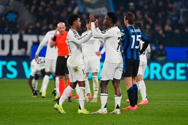 10th December 2024; Gewiss Stadium, Bergamo, Italy, UEFA Champions League Football, Atalanta versus Real Madrid; Rodrygo and Vinicius Junior of Real Madrid celebrates their victory for 2-3  ActionPlus12725330 StefanoxGuidi