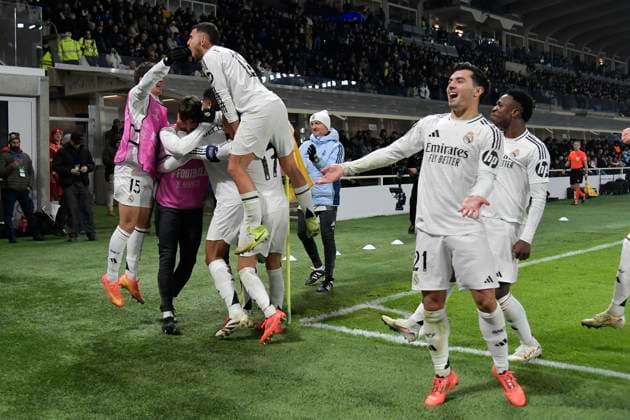 10th December 2024; Gewiss Stadium, Bergamo, Italy, UEFA Champions League Football, Atalanta versus Real Madrid; Jude Bellingham of Real Madrid celebrates his goal for 1-3 in the 59th minute  ActionPlus12725405 BestxImages