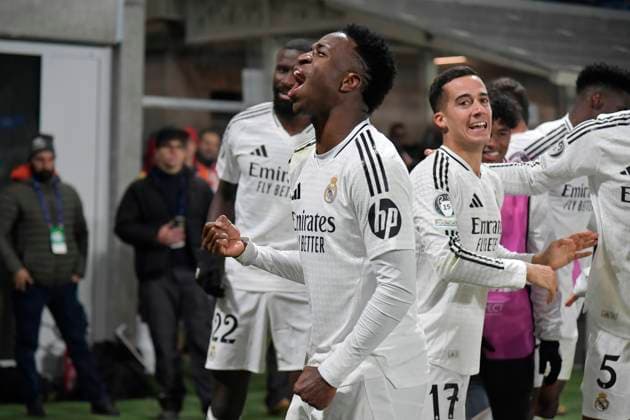 10th December 2024; Gewiss Stadium, Bergamo, Italy, UEFA Champions League Football, Atalanta versus Real Madrid; Vinicius Junior of Real Madrid celebrates his goal for 1-2 in the 56th minute  ActionPlus12725410 BestxImages