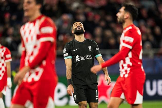 (241211) -- GIRONA, Dec. 11, 2024 -- Mohamed Salah (C) of Liverpool reacts during the UEFA Champions League football match between Liverpool and Girona FC in Girona, Spain, Dec. 10, 2024. (Photo by Xinhua) (SP)SPAIN-GIRONA-FOOTBALL-CHAMPIONS LEAGUE-GIRONA FC VS LIVERPOOL JoanxGosa 