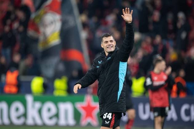 Final cheer Leverkusen, Granit XHAKA LEV cheer, cheer, joy, cheers, Football Champions League, Matchday 6, Bayer 04 Leverkusen LEV Inter Milan Inter 1 0 on 10 12 2024 in Leverkusen Germany UEFA regulations prohibit any use of photographs as image sequences and or quasi video Â