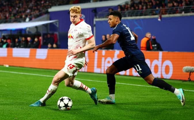 Nicolas Seiwald of RB Leipzig and Ollie Watkins of Aston Villa. RB Leipzig v Aston Villa, UEFA Champions League, Group Stage, Football, Red Bull Arena, Leipzig, Germany - 10 Dec 2024 EDITORIAL USE ONLY No use with unauthorised audio, video, data, fixture lists, club league logos or live services. Online in-match use limited to 120 images, no video emulation. No use in betting, games or single club league player publications.  Copyright: xJamesxMarsh Shutterstockx 14984467dv