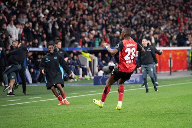 Nordi MUKIELE LEV cheers after his goal for 1 0, with Martin TERRIER LEV , cheers, jubilation, joy, cheers, Football Champions League, Matchday 6, Bayer 04 Leverkusen LEV Inter Milan Inter 1 0 on 10 12 2024 in Leverkusen Germany UEFA regulations prohibit any use of photographs as image sequences and or quasi video Â