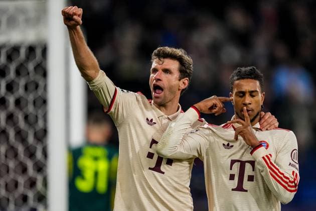 GELSENKIRCHEN, GERMANY - DECEMBER 10: Thomas Muller of FC Bayern Munchen and Michael Olise of FC Bayern Munchen celebrate their team s third goal during the UEFA Champions League 2024 25 League Phase MD6 match between FC Shakhtar Donetsk and FC Bayern MÃ¼nchen at Arena AufSchalke on December 10, 2024 in Gelsenkirchen, Germany. (Photo by Rene Nijhuis) SOC  Copyright: xRenexNijhuis