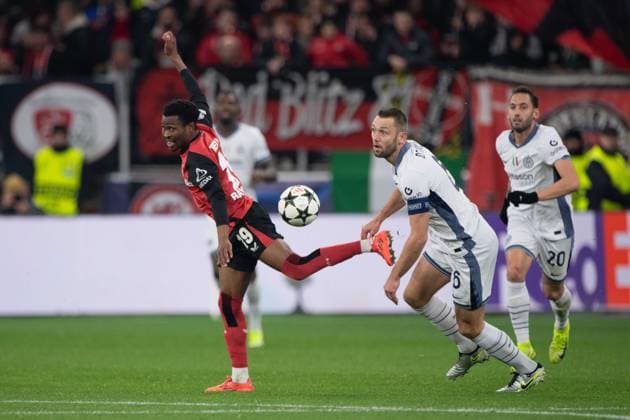 Nathan TELLA LEV and Stefan DE VRIJ Inter action, duel, Football Champions League, Matchday 6, Bayer 04 Leverkusen LEV Inter Milan Inter 1 0 on 10 12 2024 in Leverkusen Germany UEFA regulations prohibit any use of photographs as image sequences and or quasi video Â