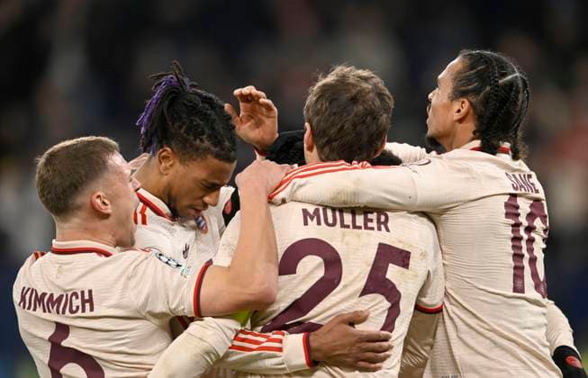 Jubel M, v l Joshua KIMMICH M , Michael OLISE M , Thomas MUELLER Müller, M , Leroy SANE M Football Champions League, Matchday 6, Shakhtar Donetsk FC Bayern Muenchen M 1 5, on 10 12 2024 in Gelsenkirchen Germany UEFA regulations prohibit any use of photographs as image sequences and or quasi video Â