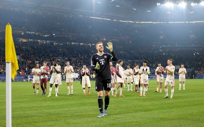 Final celebration M, in front goalkeeper Daniel PERETZ M Football Champions League, Matchday 6, Shakhtar Donetsk FC Bayern Muenchen M 1 5, on 10 12 2024 in Gelsenkirchen Germany UEFA regulations prohibit any use of photographs as image sequences and or quasi video Â