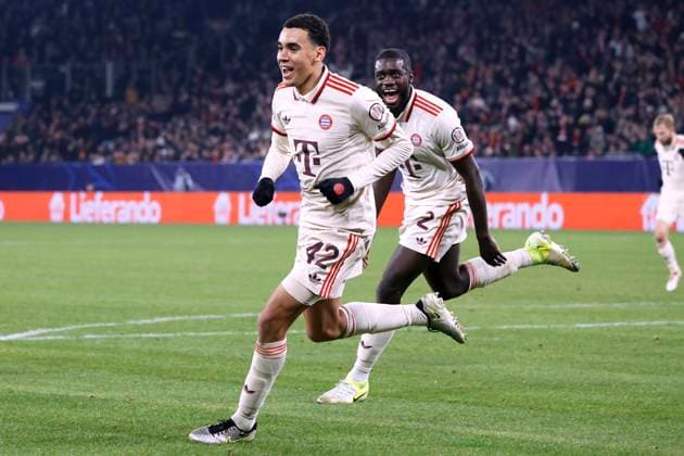 MUSIALA Jamal Team FC Bayern Muenchen cheers after his goal UEFA Champions League season 2024 2025 match FC Donetsk FC Bayern Muenchen 1 5 on 10 12 2024 in Gelsenkirchen DFL REGULATIONS PROHIBIT ANY USE OF PHOTOGRAPHS as IMAGE SEQUENCES and or QUASI VIDEO Copyright: xLacixPerenyix