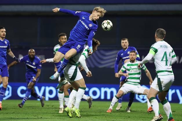 (241211) -- ZAGREB, Dec. 11, 2024 -- Maxime Bernauer (top) of GNK Dinamo jumps for a header during the UEFA Champions League match between GNK Dinamo and Celtic FC in Zagreb, Croatia, Dec. 10, 2024. (Photo by PIXSELL via Xinhua) (SP)CROATIA-ZAGREB-FOOTBALL-UEFA CHAMPIONS LEAGUE-DINAMO VS CELTIC GoranxStanzl 