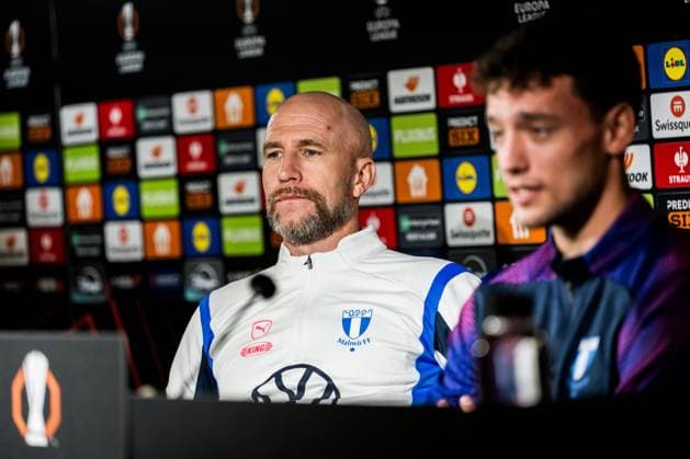 241211 Head coach Henrik Rydström and Colin Rösler of Malmö FF during a UEFA Europa League press conference on December 11, 2024 in Malmö Photo Petter Arvidson BILDBYRAN kod PA PA0939 fotboll football soccer fotball uefa europa league presskonferens press conference malmö ff bbeng  Copyright: PETTERxARVIDSON BB241211PA073