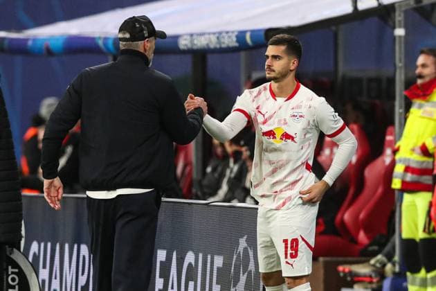 Substitution Andre Silva RB Leipzig,19 with coach Marco Rose RB Leipzig Champions League league phase season 2024 2025 RB Leipzig vs Aston Villa at the Red Bull Arena in Leipzig Football,Germany,Man,Men,10 12 2024
