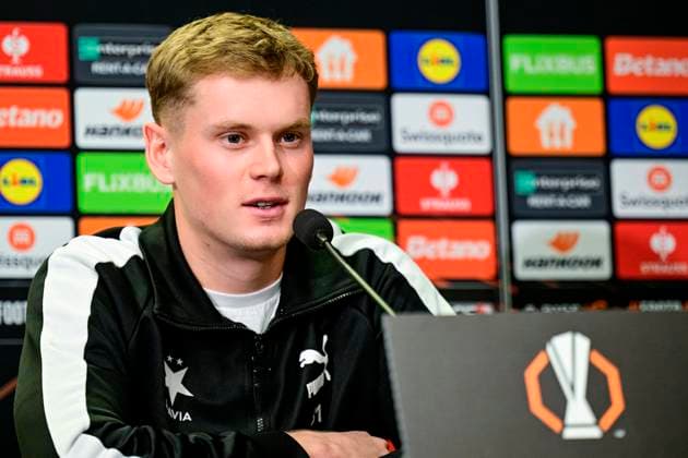 Slavia goalkeeper Antonin Kinsky speaks during a press conference, PK, Pressekonferenz before the UEFA Europa League, 6th round match: SK Slavia Praha vs RSC Anderlecht, in Prague, Czech Republic, on December 11, 2024. (CTKxPhoto VitxSimanek) CTKPhotoP2024121104231  CTKPhotoP2024121104231