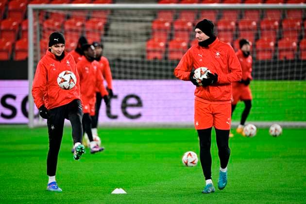From left Mojmir Chytil, Tomas Chory, both of Slavia in action during the training session prior to the UEFA Europa League, 6th round match: SK Slavia Praha vs RSC Anderlecht Brussels, in Prague, Czech Republic, on December 11, 2024. (CTKxPhoto VitxSimanek) CTKPhotoP2024121105559  CTKPhotoP2024121105559