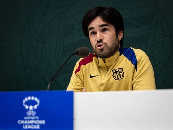 241211 Pere Romeu head coach of FC Barcelona gives a press conference on December 11, 2024 in Stockholm Photo Michael Campanella BILDBYRAN COP 313 MC0118 fotboll football soccer fotball damn uefa womens champions league barcelona femini press conference training bbeng  Copyright: MICHAELxCAMPANELLA BB241211MC008
