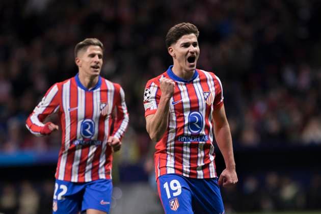 UEFA champions league - Atletico de Madrid vs Slovan Bratislava MADRID,SPAIN - 11 December: Julian Alvarez of Atletico de Madrid celebrates a goal during UEFA champions league 2024 25 match between Atletico de Madrid and Slovan Bratislava at Riyadh Air Metropolitano Stadium. (Photo by Guillermo Martinez) Madrid Riyadh Air Metropolitano Stadium Spain Copyright: xGuillermoxMartinezx