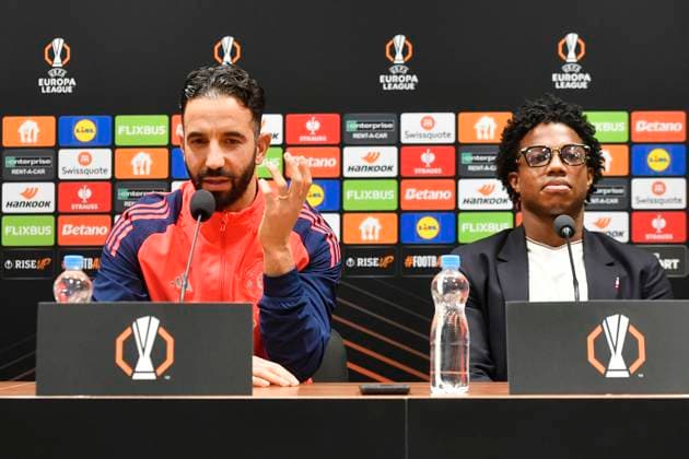 From left head coach of Manchester United, ManU Ruben Amorim and soccer player Tyrell Malacia speak during the press conference, PK, Pressekonferenz prior to Football Europa League 6th round match: Viktoria Plzen vs Manchester United in Pilsen, Czech Republic, December 11, 2024. (CTKxPhoto MiroslavxChaloupka) CTKPhotoP2024121107327  CTKPhotoP2024121107327