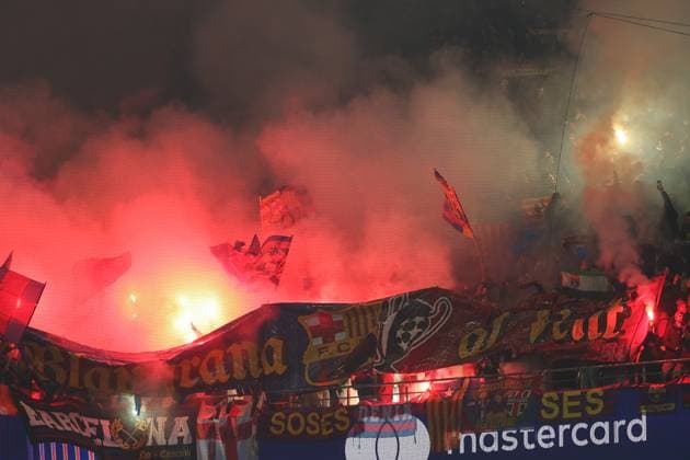 UEFA Champions League Borussia Dortmund FC Barcelona on 11 12 2024 at Signal Iduna Park in Dortmund FC Barcelona fans set off pyrotechnics in the visitors block MH