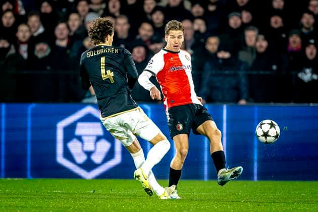 Sparta Praha midfielder Markus Solbakken, Feyenoord Rotterdam defender Gijs Smal during the match Feyenoord Sparta Praha at the Stadium De Kuip for the Champions League phase Matchday 6 season 2024 2025 in ROTTERDAM, Netherlands on 11 december 2024, photo by Marcel van Dorst EYE4images DeFodi Images Defodi 746 203646 Defodi-746