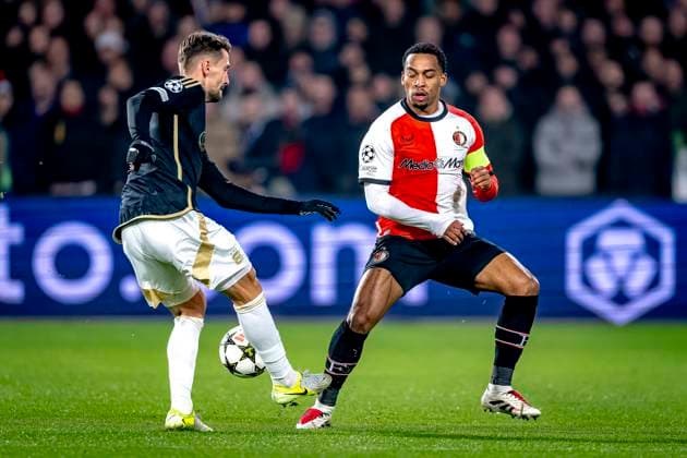 Feyenoord Rotterdam midfielder Quinten Timber, Sparta Praha defender Tomas Wiesner during the match Feyenoord Sparta Praha at the Stadium De Kuip for the Champions League League phase Matchday 6 season 2024 2025 in ROTTERDAM, Netherlands on 11 december 2024, photo by Marcel van Dorst EYE4images DeFodi Images Defodi 746 203644 Defodi-746