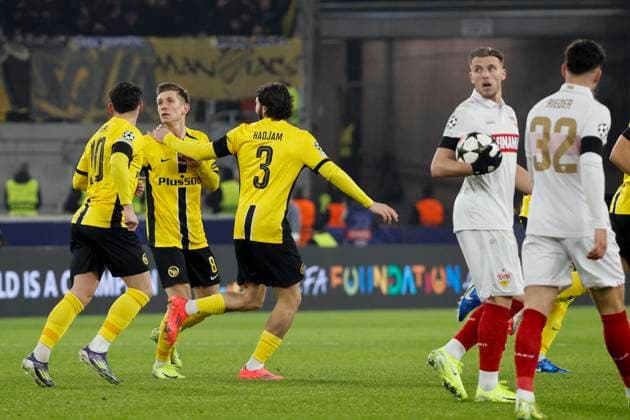 Goal celebration BSC Young Boys at 0 1 by Lukasz Lakomy BSC Young Boys, 08 , Football, UEFA Champions League, Matchday 6, 2024 2025, VfB Stuttgart vs Young Boys Bern, 11 12 2024, Arena Stuttgart, Stuttgart, Germany Stuttgart Arena Stuttgart Baden Württemberg Germany Copyright: xGrantxHubbsx